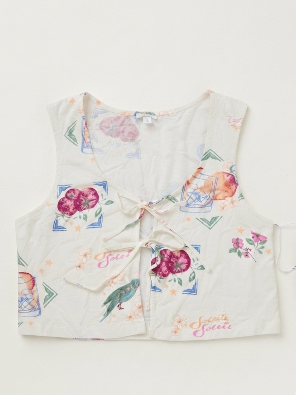 Floral Tie-Front Crop Top in Cream and Pastel Print - Picture 4 of 4